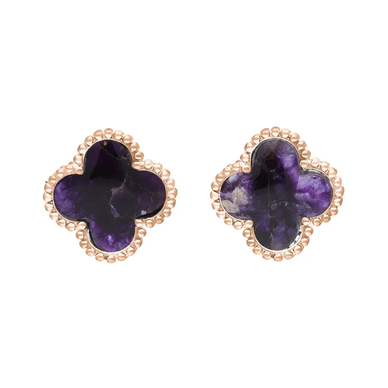 18ct Rose Gold Blue John bloom Four Leaf Clover Ball Edge Stud Earrings sold by Jura Watches