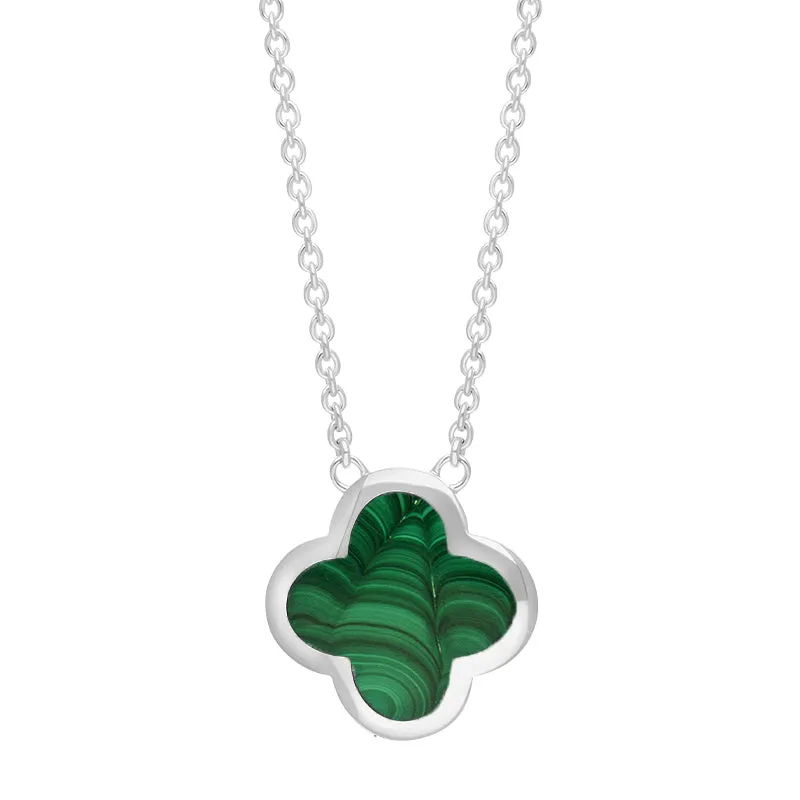 18ct White Gold Malachite Bloom Large Four Leaf Clover Polished Edge Pendant sold by Jura Watches