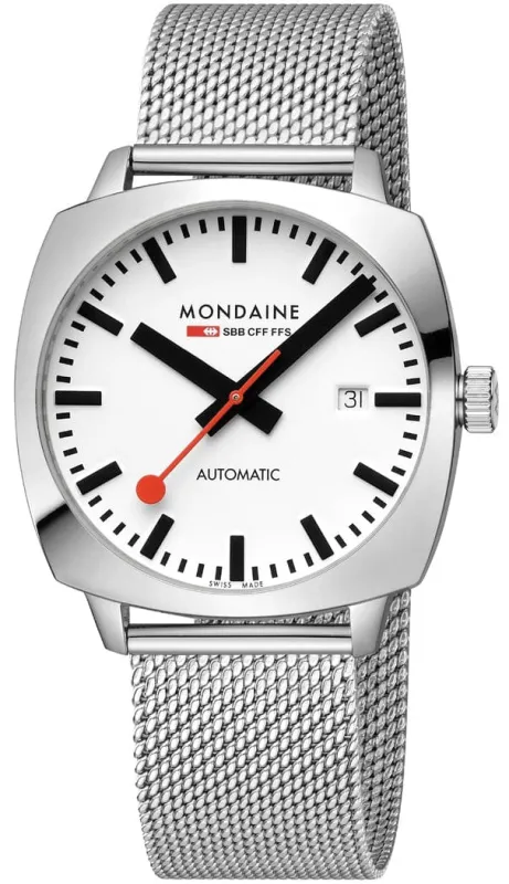 Mondaine Cushion Automatic White Bracelet Watch sold by Jura Watches