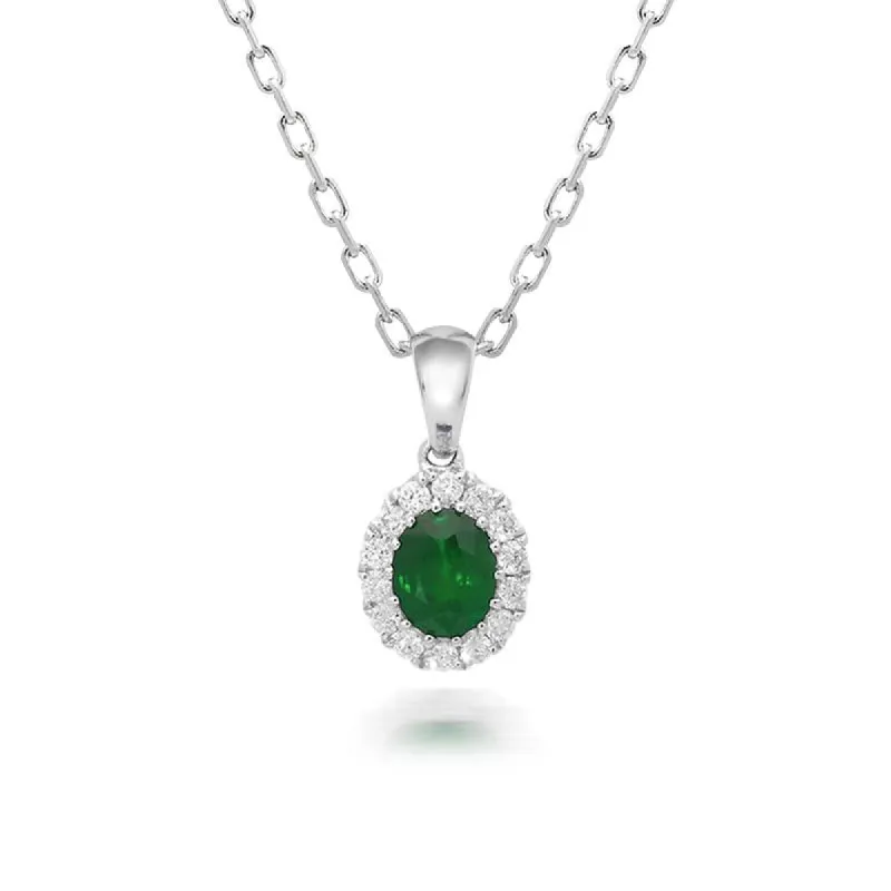 18ct White Gold 0.41ct Emerald and Diamond Oval Necklace sold by Jura Watches