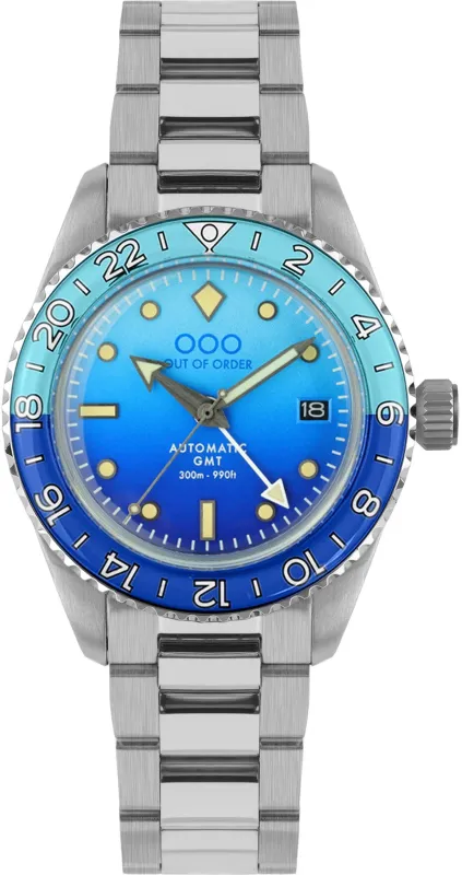 Out Of Order Shaker Bomba Blu Automatic GMT Ultra Brushed Watch made by Jura Watches