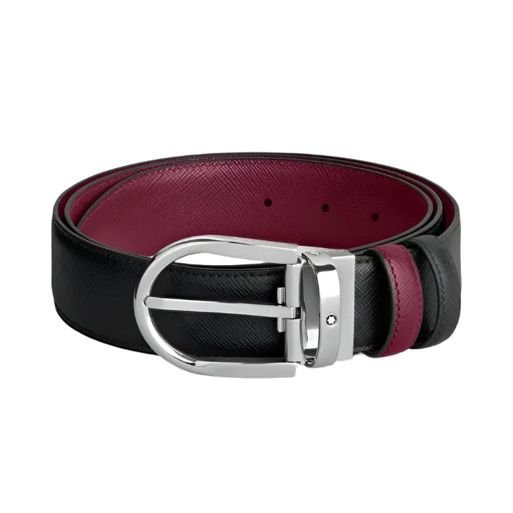 Montblanc Horseshoe Buckle Saffiano-embossed Black/Cassis 35mm Reversible Belt sold by Jura Watches
