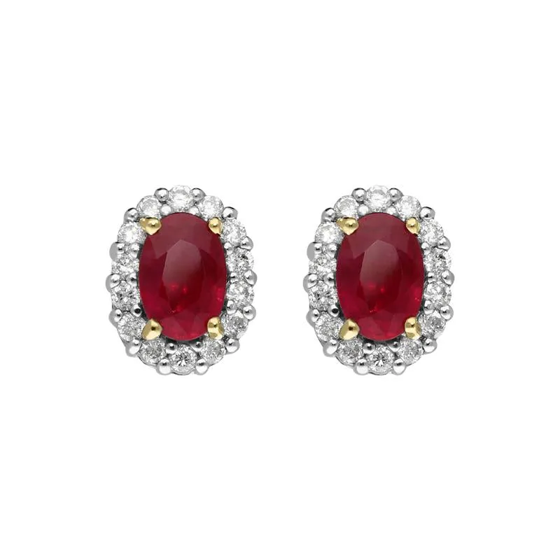 18ct Yellow Gold 0.95ct Ruby Diamond Oval Cluster Earrings sold by Jura Watches