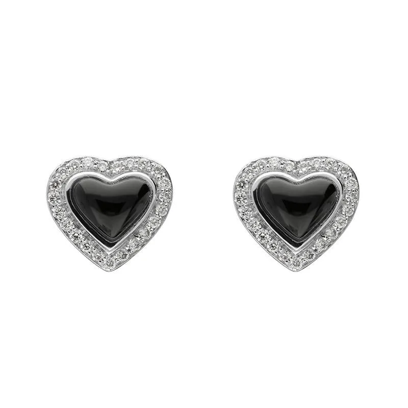 18ct White Gold Whitby Jet 0.14ct Diamond Edge Heart Stud Earrings sold by Jura Watches