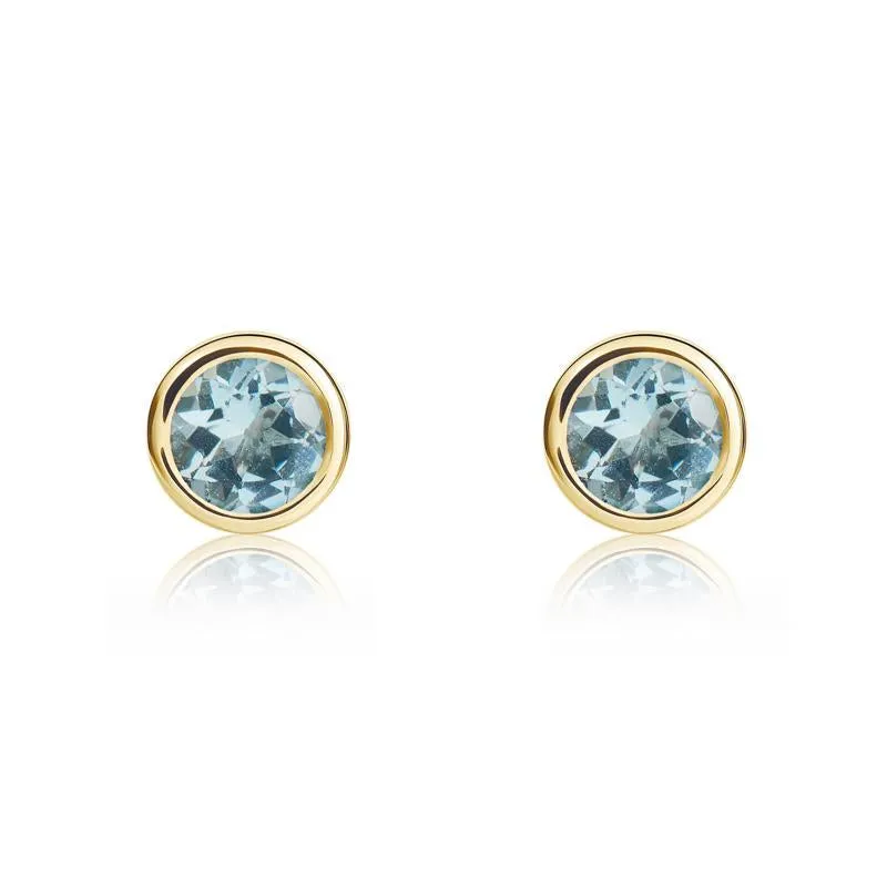 9ct Yellow Gold Aquamarine 4mm Round Rub Over Set Stud Earrings sold by Jura Watches