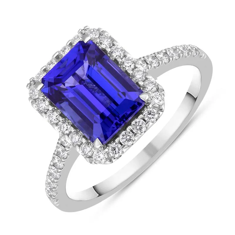18ct White Gold Tanzanite Diamond Emerald Cut Cluster Ring sold by Jura Watches