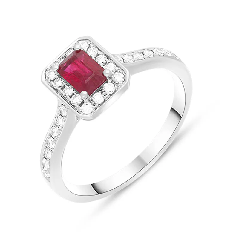 18ct White Gold Ruby Diamond Emerald Cut Shoulder Set Cluster Ring sold by Jura Watches
