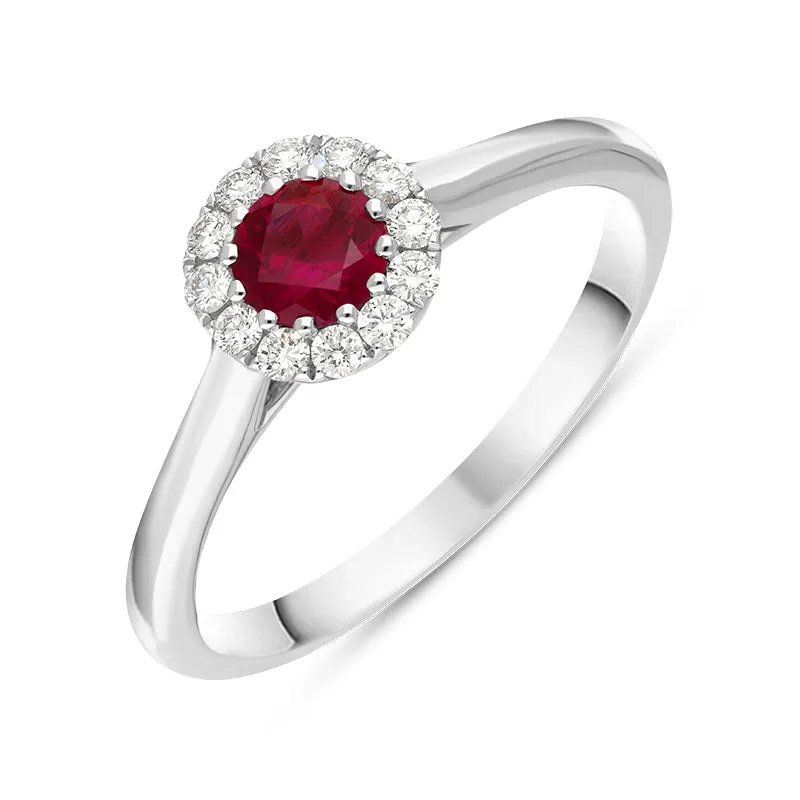 18ct White Gold Ruby Diamond Round Halo Ring sold by Jura Watches
