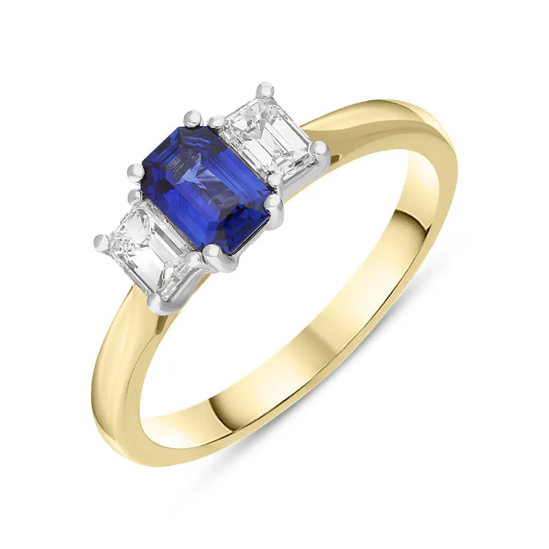 18ct Yellow Gold Sapphire Diamond Emerald Cut Three Stone Ring sold by Jura Watches