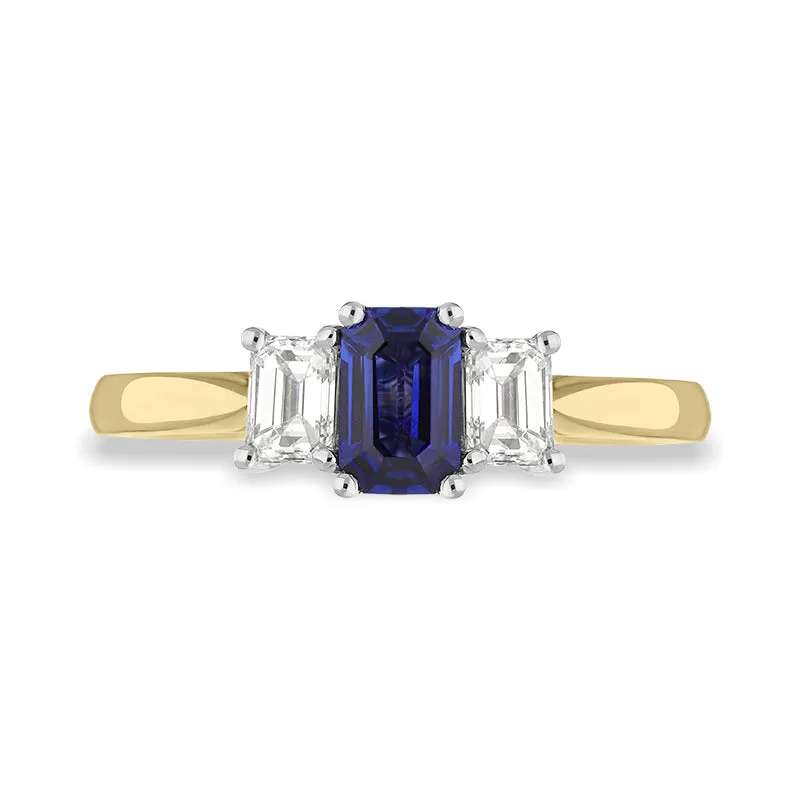 18ct Yellow Gold Sapphire Diamond Emerald Cut Three Stone Ring sold by Jura Watches product image thumbnail 2
