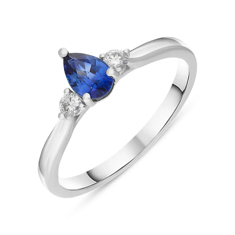 18ct White Gold Sapphire Diamond Pear Cut Three Stone Ring sold by Jura Watches