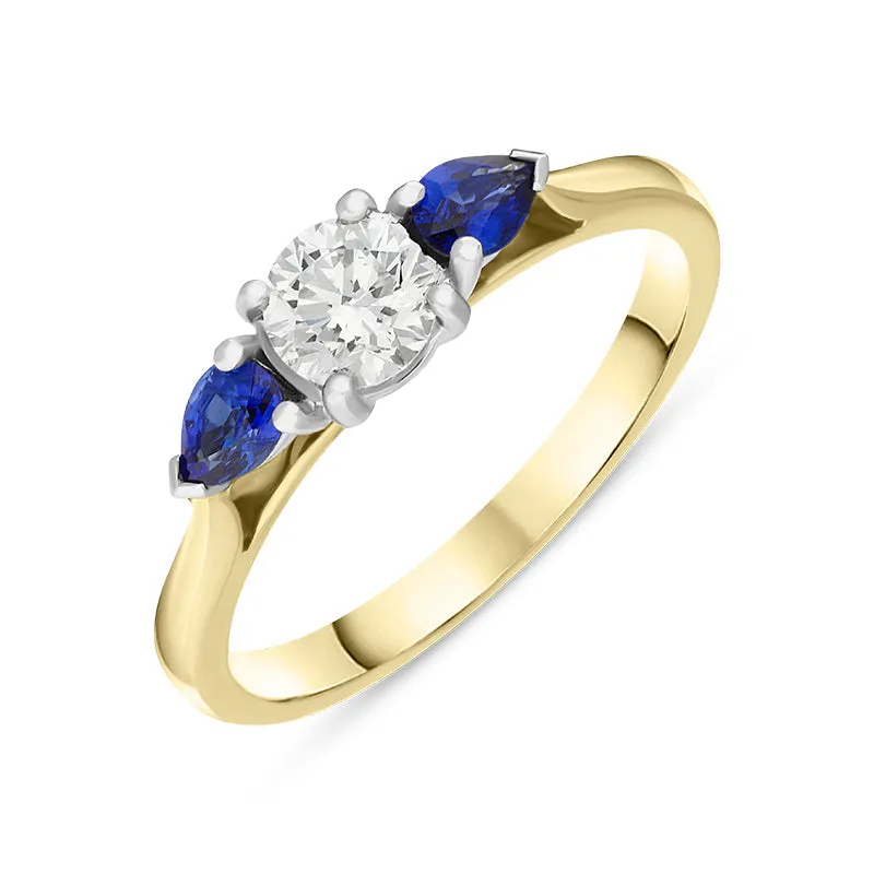 18ct Yellow Gold Sapphire Diamond Round and Pear Cut Three Stone Ring sold by Jura Watches