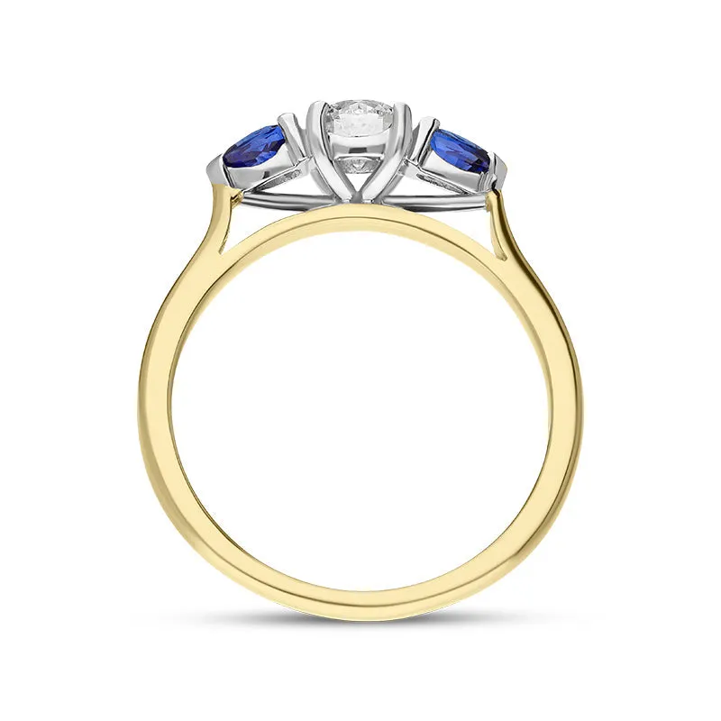 18ct Yellow Gold Sapphire Diamond Round and Pear Cut Three Stone Ring sold by Jura Watches product image thumbnail 3