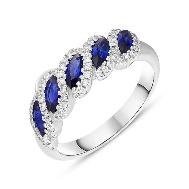 18ct White Gold Sapphire Diamond Marquise Five Stone Half Eternity Ring sold by Jura Watches