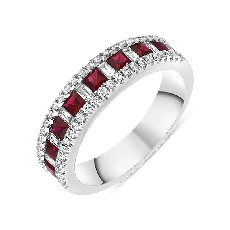 18ct White Gold Ruby Diamond Square and Baguette Cut Half Eternity Ring sold by Jura Watches
