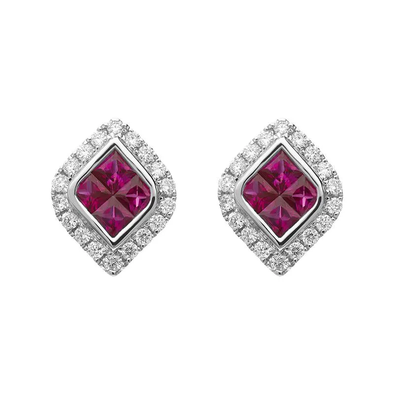 18ct White Gold Ruby Diamond Marquise Cluster Stud Earrings sold by Jura Watches