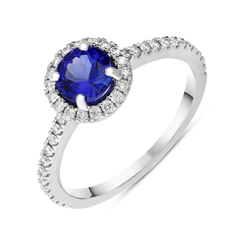18ct White Gold Tanzanite Diamond Shoulder Set Round Cluster Ring sold by Jura Watches