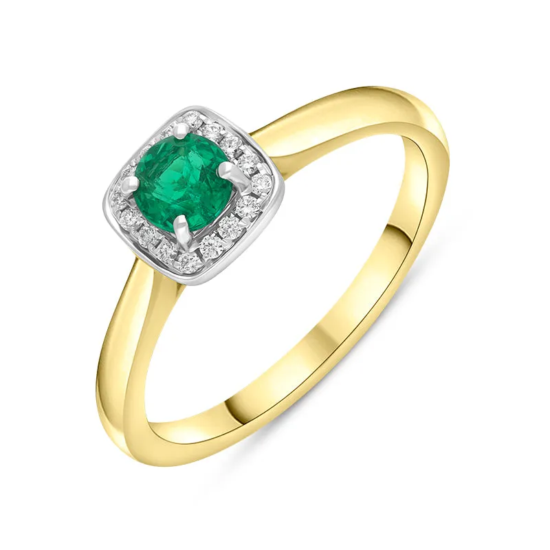 18ct Yellow Gold Emerald Diamond Pave Vintage Style Cushion Cluster Ring sold by Jura Watches