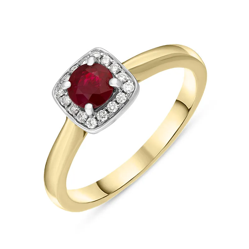 18ct Yellow Gold Ruby Diamond Pave Vintage Style Cushion Cluster Ring sold by Jura Watches