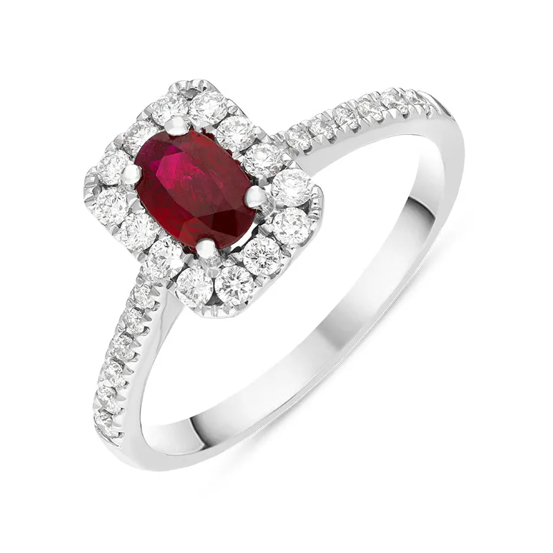 18ct White Gold Ruby Diamond Oval Cut Vintage Style Cluster Ring sold by Jura Watches
