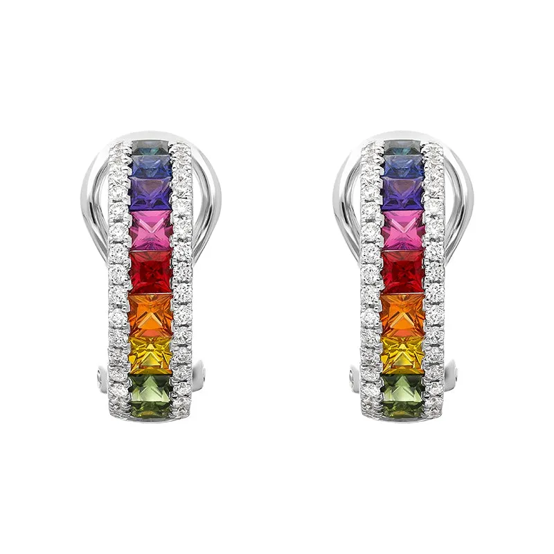 18ct White Gold Sapphire Diamond Princess Cut Multicolour Hoop Earrings sold by Jura Watches