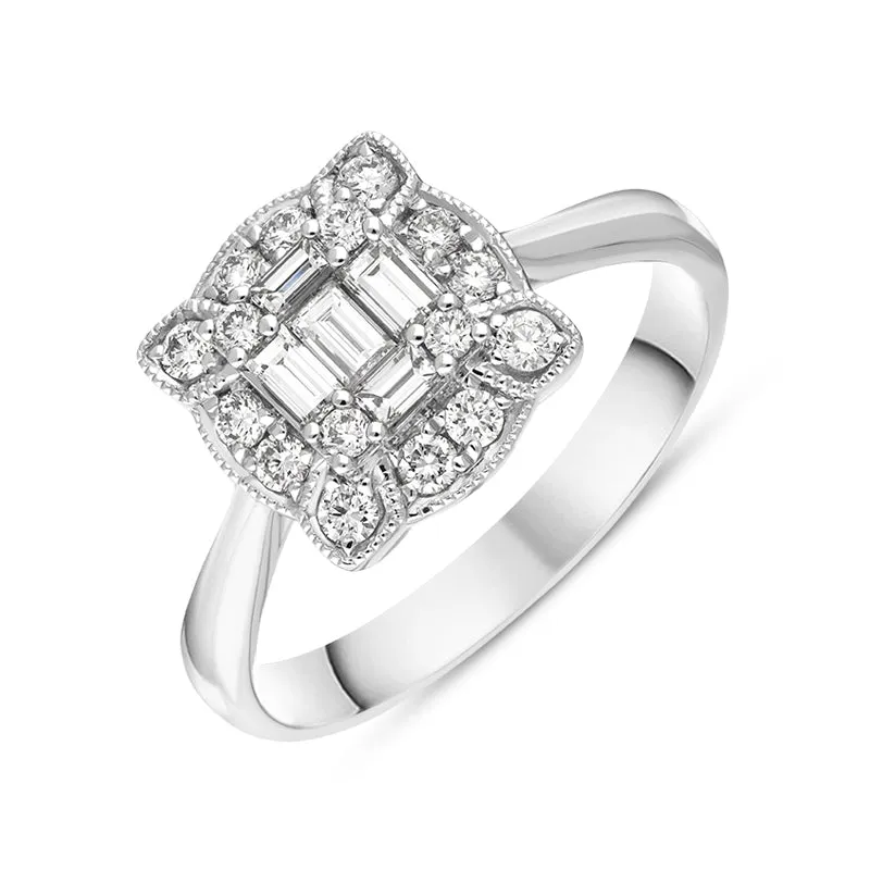 18ct White Gold Diamond Baguette Round Brilliant Cut Cluster Ring sold by Jura Watches
