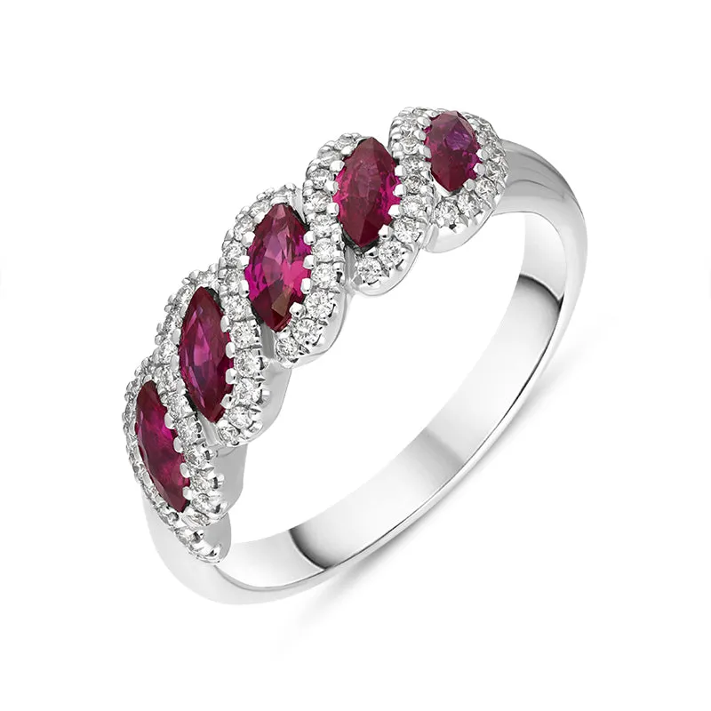 18ct White Gold Ruby Diamond Marquise Half Eternity Ring sold by Jura Watches