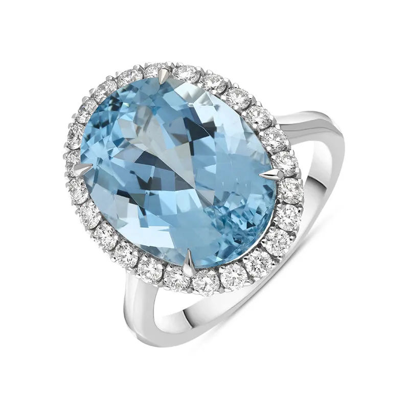 18ct White Gold Aquamarine Diamond Oval Cluster Statement Ring sold by Jura Watches