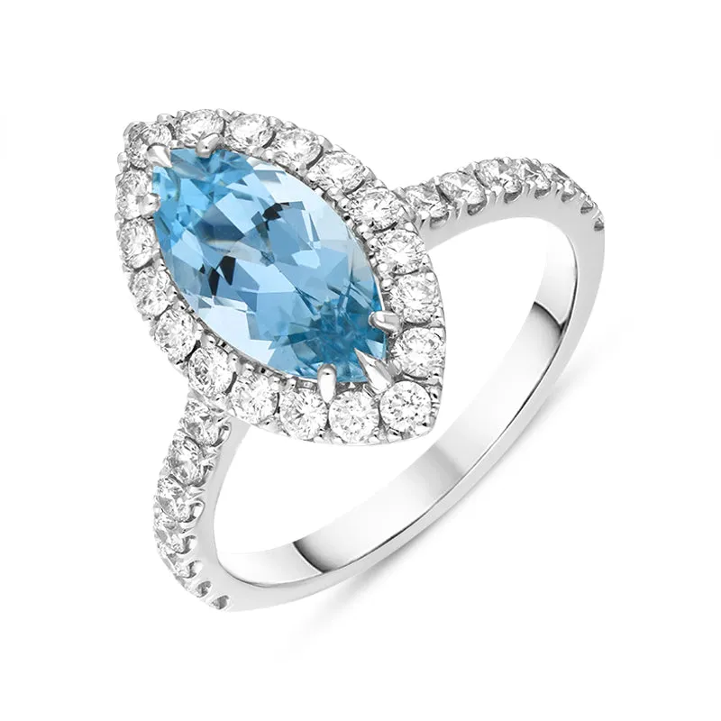 18ct White Gold Aquamarine Diamond Marquise Cut Shoulder Set Cluster Ring sold by Jura Watches