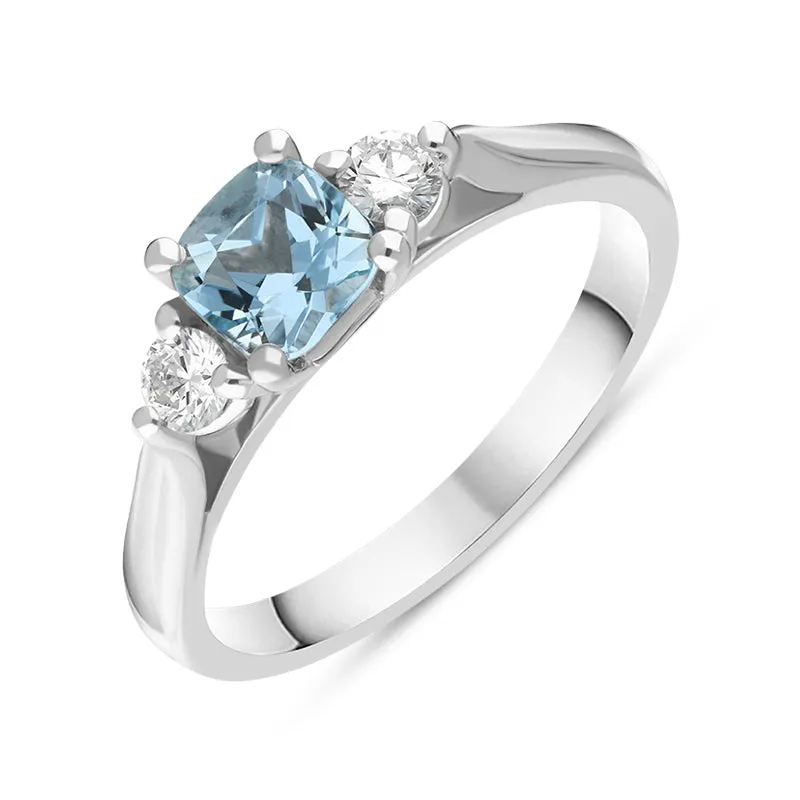 18ct White Gold Aquamarine Diamond Cushion Cut Three Stone Ring sold by Jura Watches