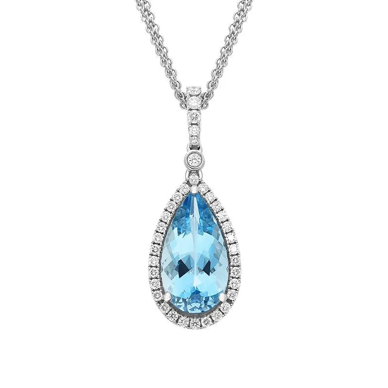 18ct White Gold Aquamarine Diamond Pear Cut Halo Necklace sold by Jura Watches