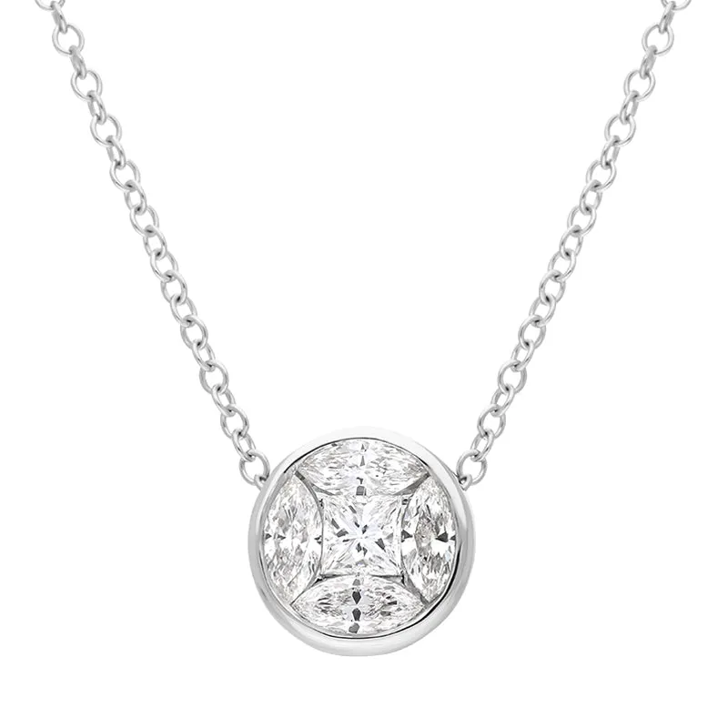 18ct White Gold Diamond Princess and Marquise Cut Round Cluster Necklace sold by Jura Watches