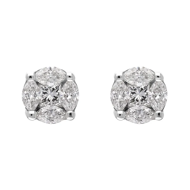 18ct White Gold 0.39ct Diamond Princess and Marquise Cut Cluster Stud Earrings sold by Jura Watches
