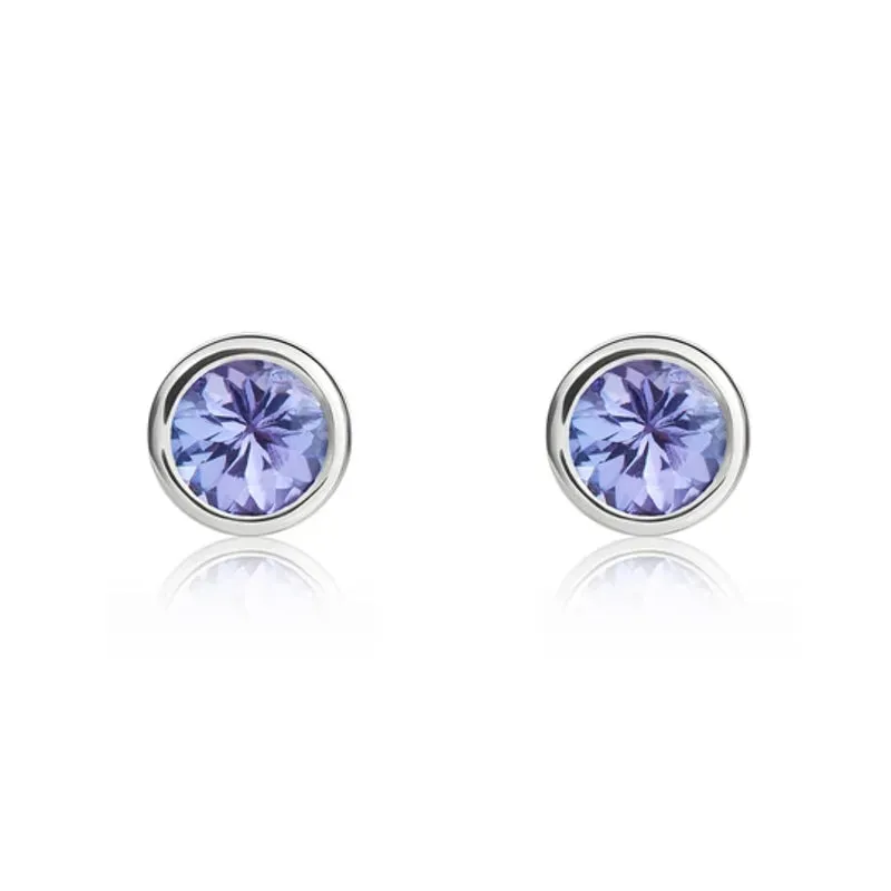 9ct White Gold Tanzanite 4mm Round Rub Over Set Stud Earrings sold by Jura Watches