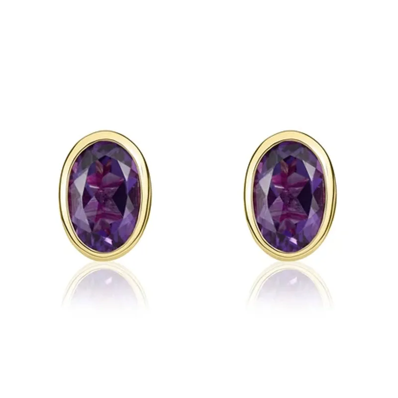 9ct Yellow Gold Amethyst 6x4mm Oval Rub Over Set Stud Earrings sold by Jura Watches