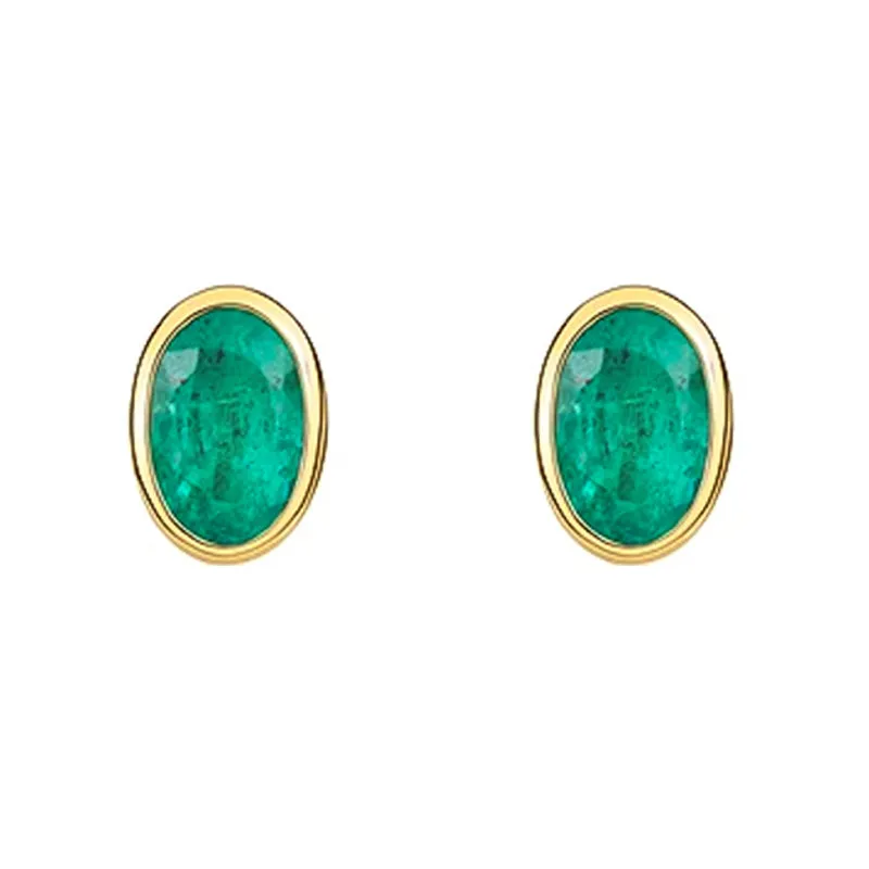 9ct Yellow Gold Emerald 6x4mm Oval Rub Over Set Stud Earrings sold by Jura Watches