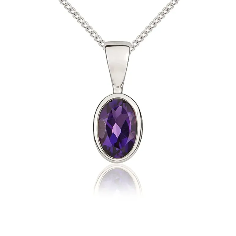 9ct White Gold Amethyst 6x4mm Oval Rub Over Set Pendant sold by Jura Watches