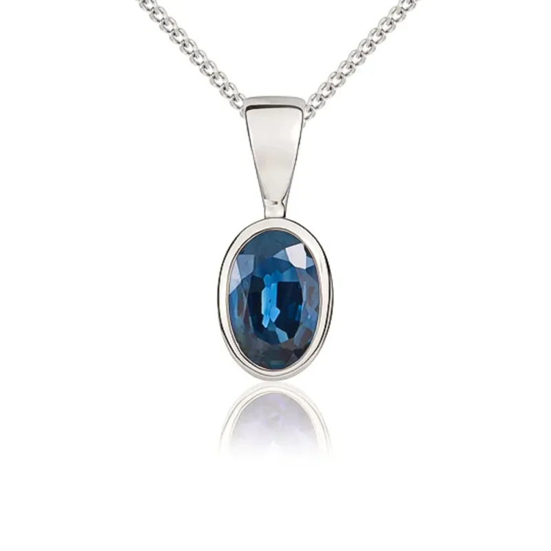 9ct White Gold Sapphire 6x4mm Oval Rub Over Set Pendant sold by Jura Watches