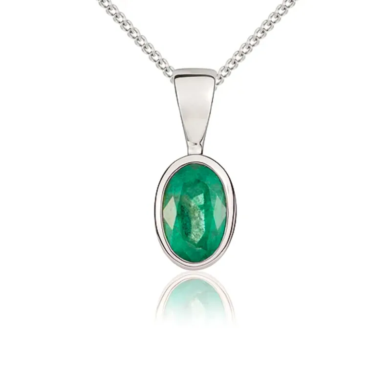 9ct White Gold Emerald 6x4mm Oval Rub Over Set Pendant sold by Jura Watches