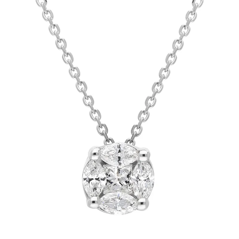 18ct White Gold Diamond Princess and Marquise Cut Round Cluster Necklace sold by Jura Watches
