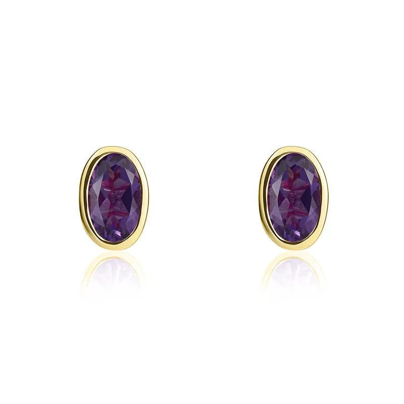 9ct Yellow Gold Amethyst 5x3mm Oval Rub Over Set Stud Earrings sold by Jura Watches