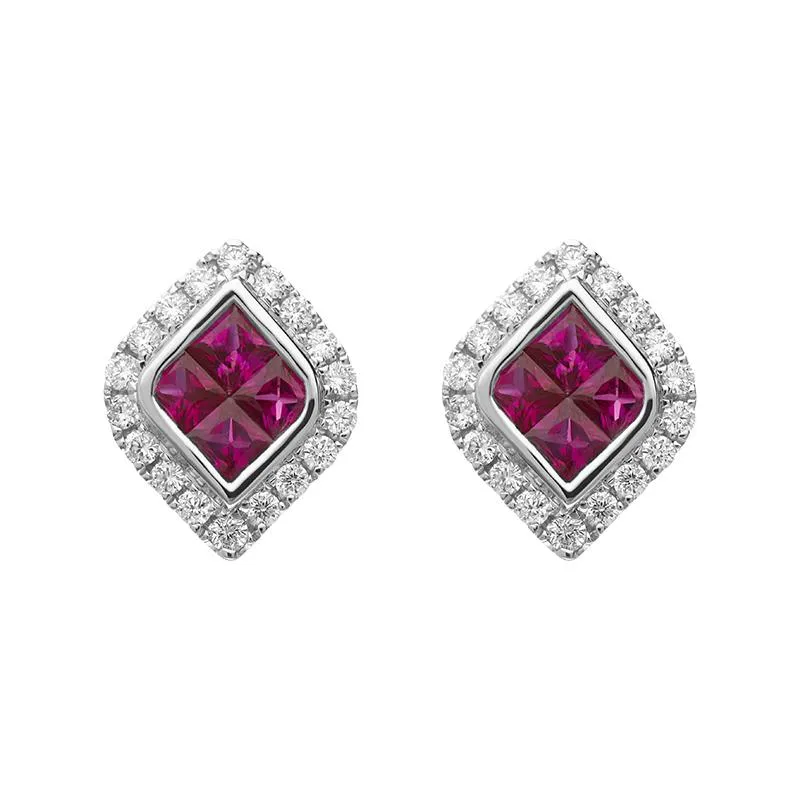 18ct White Gold Ruby Diamond Marquise Cluster Stud Earrings sold by Jura Watches