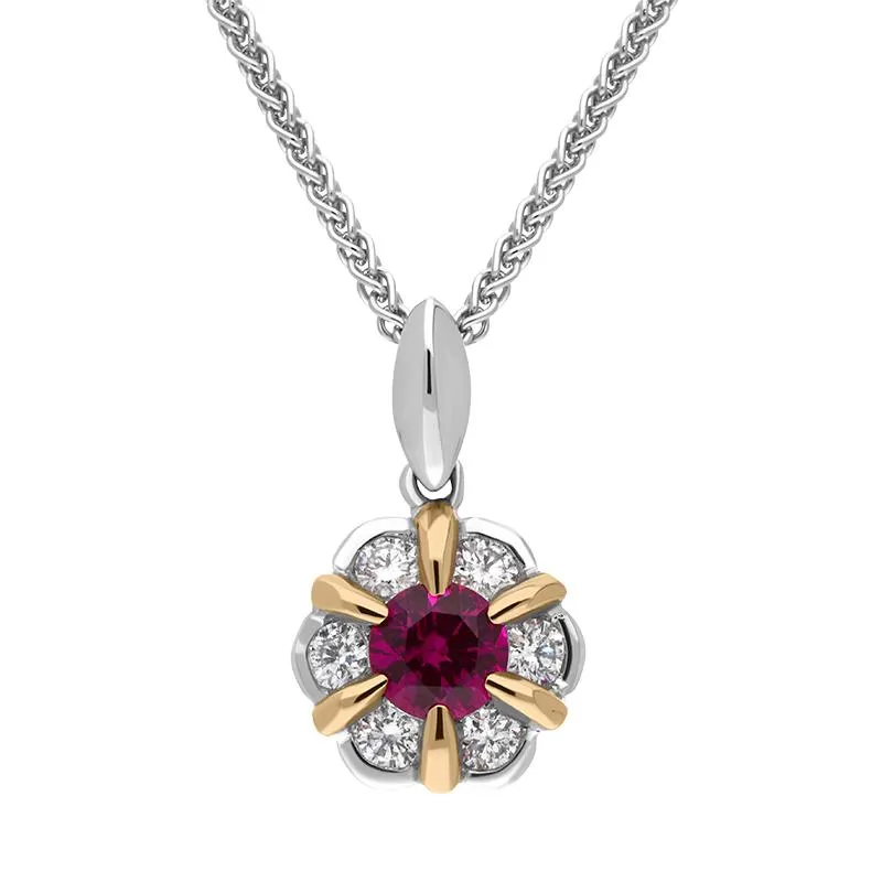 18ct White and Rose Gold Ruby Diamond Flower Cluster Necklace sold by Jura Watches
