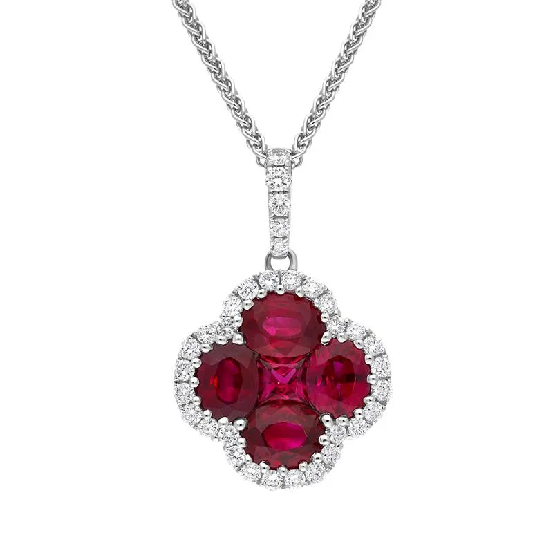 18ct White Gold Ruby Diamond Flower Cluster Necklace sold by Jura Watches