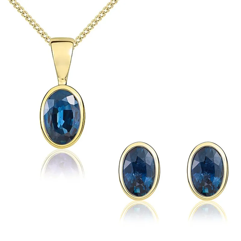 9ct Yellow Gold Sapphire 6x4mm Oval Rub Over Set Pendant and Stud Earrings Set sold by Jura Watches
