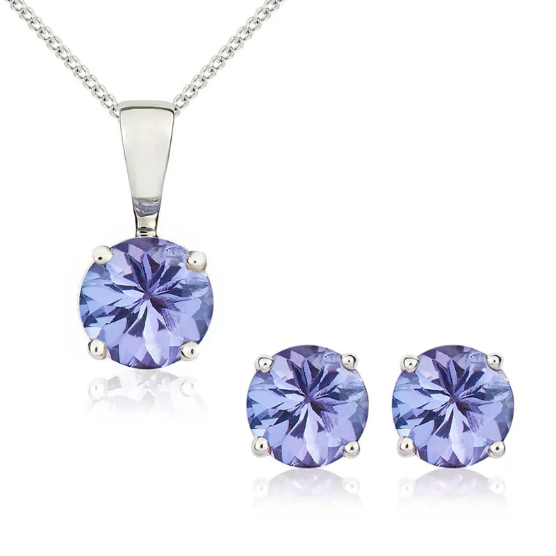9ct White Gold Tanzanite 5mm Round Claw Set Pendant and Stud Earrings Set sold by Jura Watches
