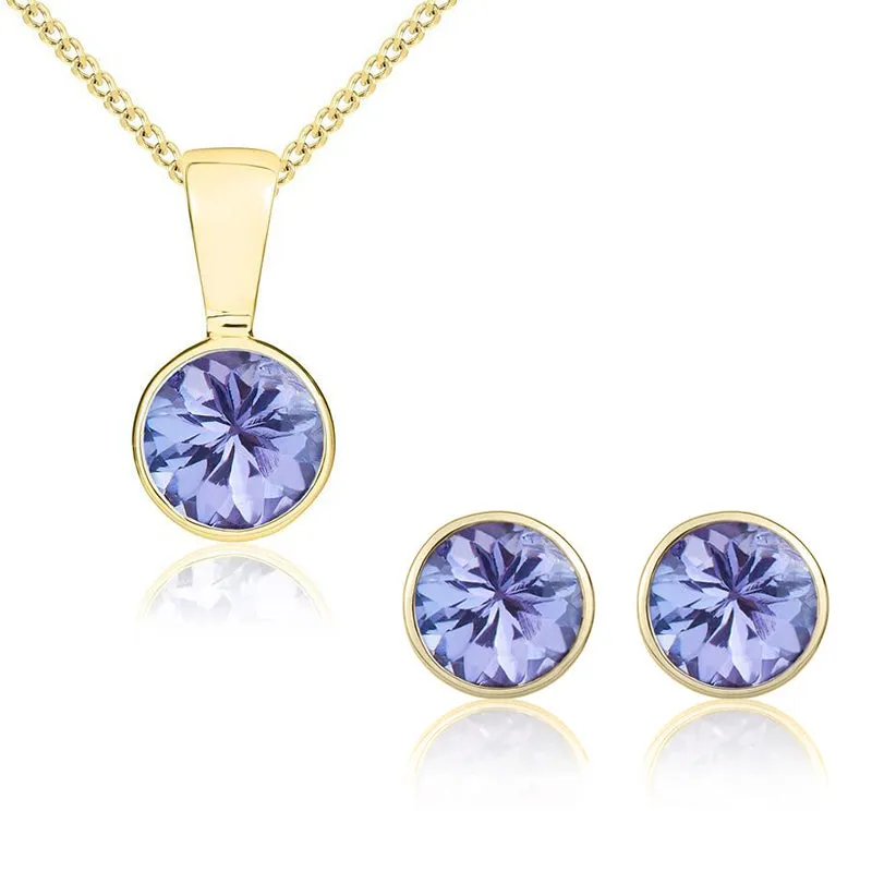 9ct Yellow Gold Tanzanite 5mm Round Rub Over Set Pendant and Stud Earrings Set sold by Jura Watches