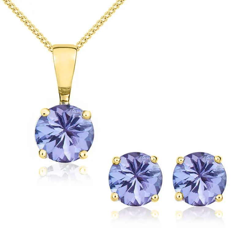 9ct Yellow Gold Tanzanite 5mm Round Claw Set Pendant and Stud Earrings Set sold by Jura Watches