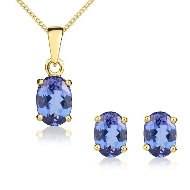 9ct Yellow Gold Tanzanite 7x5mm Oval Claw Set Pendant and Stud Earrings Set sold by Jura Watches