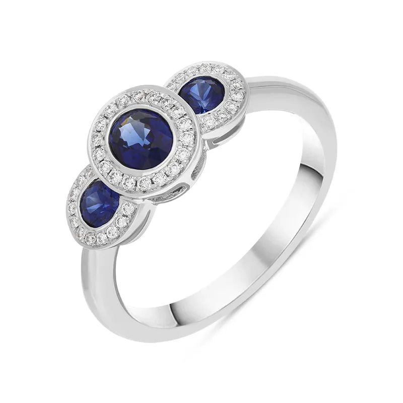 18ct White Gold Sapphire Diamond Oval Cut Three Stone Cluster Ring sold by Jura Watches